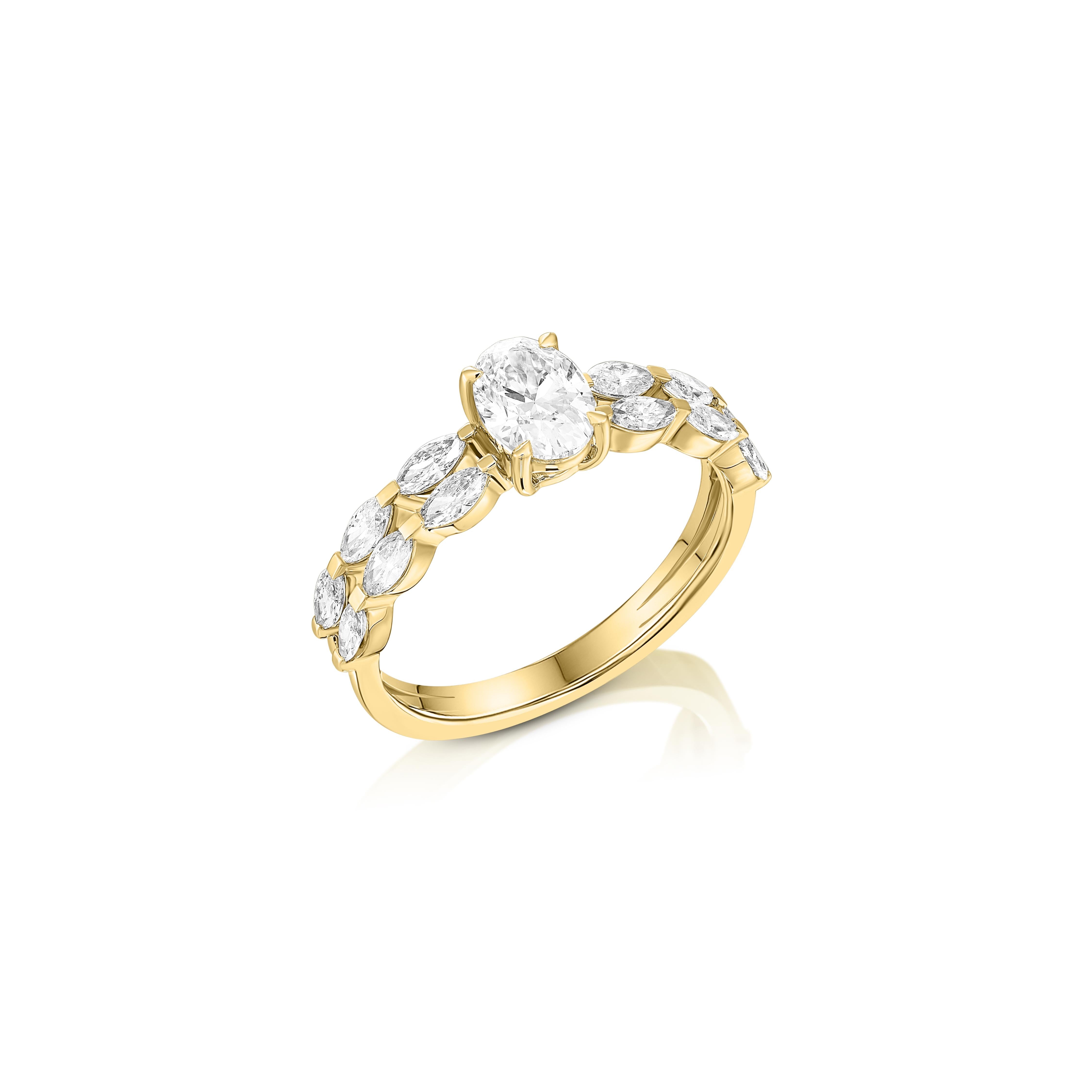 טבעת יהלום מרכזי עם שיבוץ צדדי | יהלומי מעבדה CVD | גודל כולל 1.52 קראט | זהב לבן 14 קראט | דגם ליאן