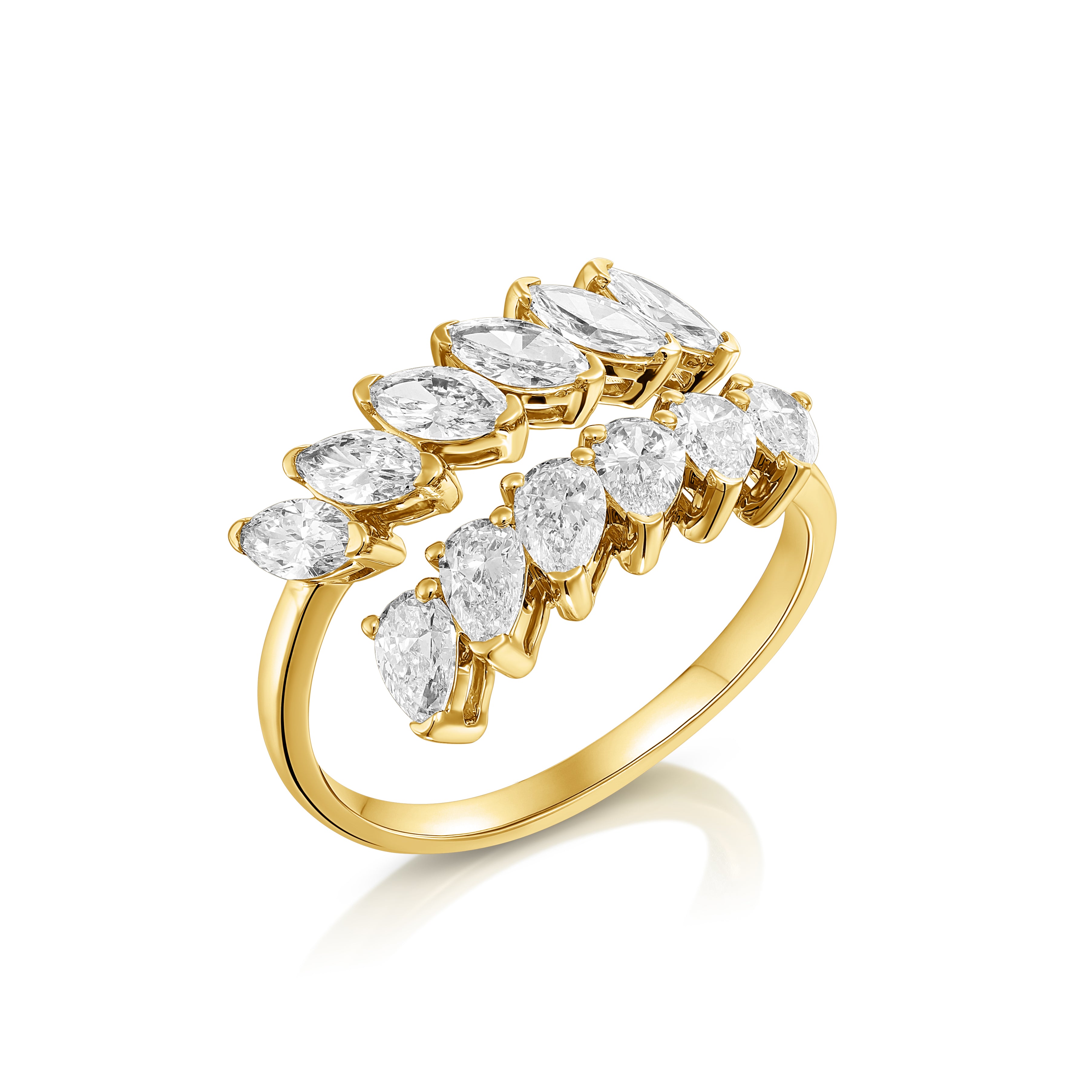 טבעת פתוחה בעיצוב כפול עם שיבוץ מעורב | יהלומי מעבדה CVD | גודל כולל 1.967 קראט | זהב לבן 14 קראט | דגם קרן